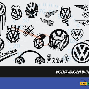 Puede incluir: Una colección de gráficos negros del logotipo de Volkswagen que incluye variaciones con gotas, calaveras, alas, un corazón, la silueta de un coche y una figura. El texto Volkswagen y Volkswagen Bundle están incluidos en el diseño.