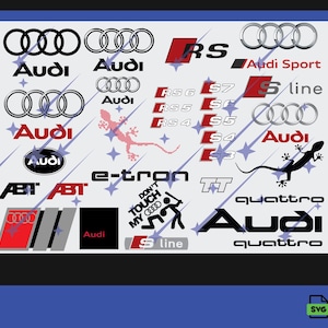 Può includere: Una collezione di adesivi in vinile a tema Audi in nero, rosso e argento, con il logo a quattro anelli, varie denominazioni di modelli come RS 6, S7 e TT, l'emblema e-tron, il testo quattro, una sagoma di geco e una grafica Don't Touch My Audi.
