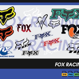 May include: A collection of Fox Racing logos and graphic designs in various colours including yellow, orange, teal, red, blue, black, and white. The image features multiple stylised fox head icons, text-based logos, and file format icons for SVG, PNG, EPS, and AI.