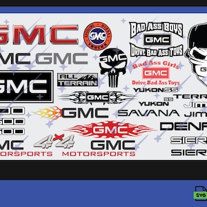 May include: A collection of GMC vehicle decals and logos in various styles, including text like 1500, 2500, 3500, Yukon, Savana, Denali, Sierra, and Jimmy. The sheet features skull graphics, flame designs, and motorsport branding in red, black, and white.