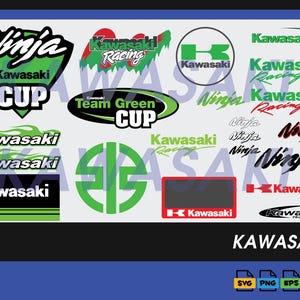 May include: A collection of Kawasaki brand decals and logos featuring various Ninja, Team Green, and racing designs in green, black, white, and red. The sheet includes multiple text-based logos, circular emblems, and graphic icons for motorcycle branding.