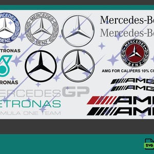 Può includere: Una collezione digitale di loghi Mercedes-Benz e AMG, inclusa la stella a tre punte in vari stili, il marchio Petronas e il testo Mercedes GP. La grafica presenta elementi neri, bianchi, rossi e turchesi con il testo AMG FOR CALIPERS 10% CURVED.