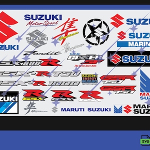 Puede incluir: Una colección de varios adhesivos y logotipos de la marca Suzuki en rojo, azul, negro y plata. La hoja incluye textos como Suzuki Motor Sport, Hayabusa, GSX-R600, GSX-R750, GSX-R1000, Gixxer SF, Rockstar Energy Suzuki, Team Suzuki y Maruti Suzuki.
