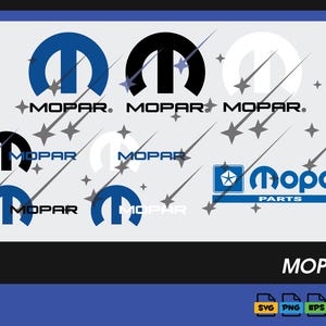 May include: A collection of Mopar logos in blue, black, and white variations, featuring the stylized M symbol and the Mopar text. The image includes a Mopar Parts logo with a pentastar icon and four file format icons labeled SVG, PNG, EPS, and AI.
