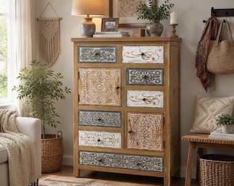 Distressed Multicolor Wood Accent Cabinet, 7 Drawer Carved Storage Chest, Tall Farmhouse Boho Cabinet Furniture