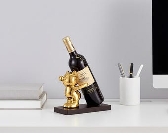 Ceramic Teddy Bear Wine Rack, Gold Silver Bottle Holder, Office Home Desk Decor Gift