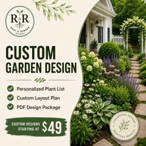 May include: A promotional graphic for custom garden design services featuring the Root & Render Studio logo, text listing a personalized plant list, custom layout plan, and PDF design package, alongside a photograph of a lush garden path.