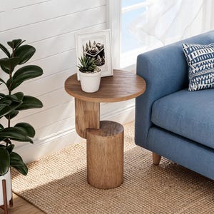Modern Sculptural Wood Side Table | Architectural Rubber Wood Accent Table | C-Shaped Round Top End Table for Sofa | Gift For Housewarming