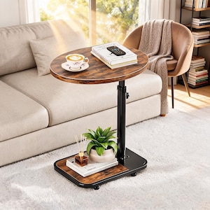 C Shaped Side Table Adjustable Height | Rolling Round Wood End Table with Storage Shelf | Sofa Bed Table on Wheels | Gift For Housewarming