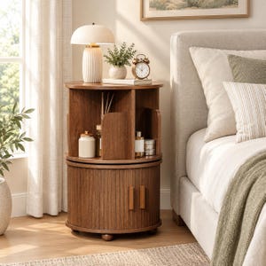 May include: A round wooden nightstand featuring a rotating upper shelf with vertical dividers and a lower cabinet with two vertical handles. The unit is finished in a medium brown wood grain and stands on four small, rounded feet.