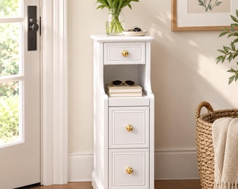 Narrow Nightstand White, Skinny Side Table with Storage Drawers, Vintage Slim End Table for Small Spaces, Gold Hardware Bedroom Decor