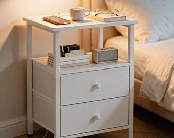Nightstand with Charging Station | 2 Drawer End Table with USB Ports & Outlets | Modern Bedside Table with Shelf | Small Space Furniture