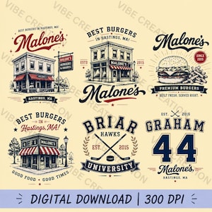 May include: A collection of six graphic designs featuring illustrations of a restaurant building, a burger with fries, and sports-themed logos. Text includes Malone's, Best Burgers in Hastings, MA, Briar Hawks University, Graham, and the number 44.