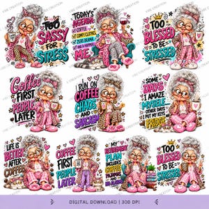 May include: A digital collection of eleven illustrations featuring a cartoon elderly person with grey hair, glasses, and a leopard print headband, wearing pink pyjamas and slippers, accompanied by various coffee-themed phrases and small cats.
