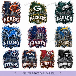 May include: A collection of twelve digital graphic designs featuring various American football team logos, city skylines, state maps, and star accents. Each emblem displays team names like Bears, Packers, Eagles, Lions, Giants, Chargers, Titans, Broncos, Chiefs, and Raiders.