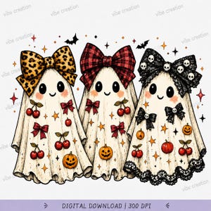 May include: Three cartoon ghosts with smiling faces and rosy cheeks. The first wears a leopard print bow, the second a red plaid bow, and the third a black lace bow with skulls. They are decorated with red cherries, bows, and pumpkins.