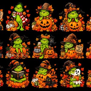 May include: A collection of fifteen illustrations featuring a green creature wearing witch hats and scarves, surrounded by orange pumpkins, autumn leaves, and black cats. Some images include text such as Good Things Take Time, Good Vibes Only, Trick or Treat, and Spooky Season.