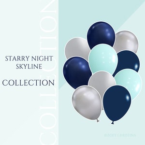 May include: A cluster of balloons in navy blue, silver, and light blue. The balloons are arranged in a loose cluster, with some overlapping. The background is a light blue color. The text "Starry Night Skyline Collection" is visible on the left side of the image.