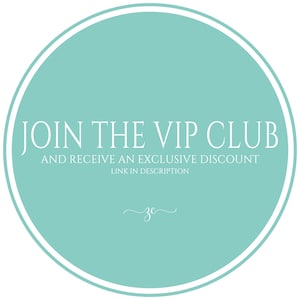 May include: A round teal graphic with a white border. The text "JOIN THE VIP CLUB" is displayed in white, along with the text "AND RECEIVE AN EXCLUSIVE DISCOUNT" and "LINK IN DESCRIPTION". A stylized "zc" signature is at the bottom.