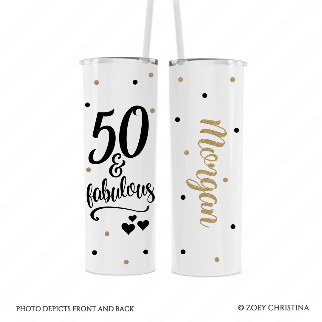 Personalized 50th Birthday Travel Gifts for Women, 50 and Fabulous Travel Mug Tumbler Name, 50th