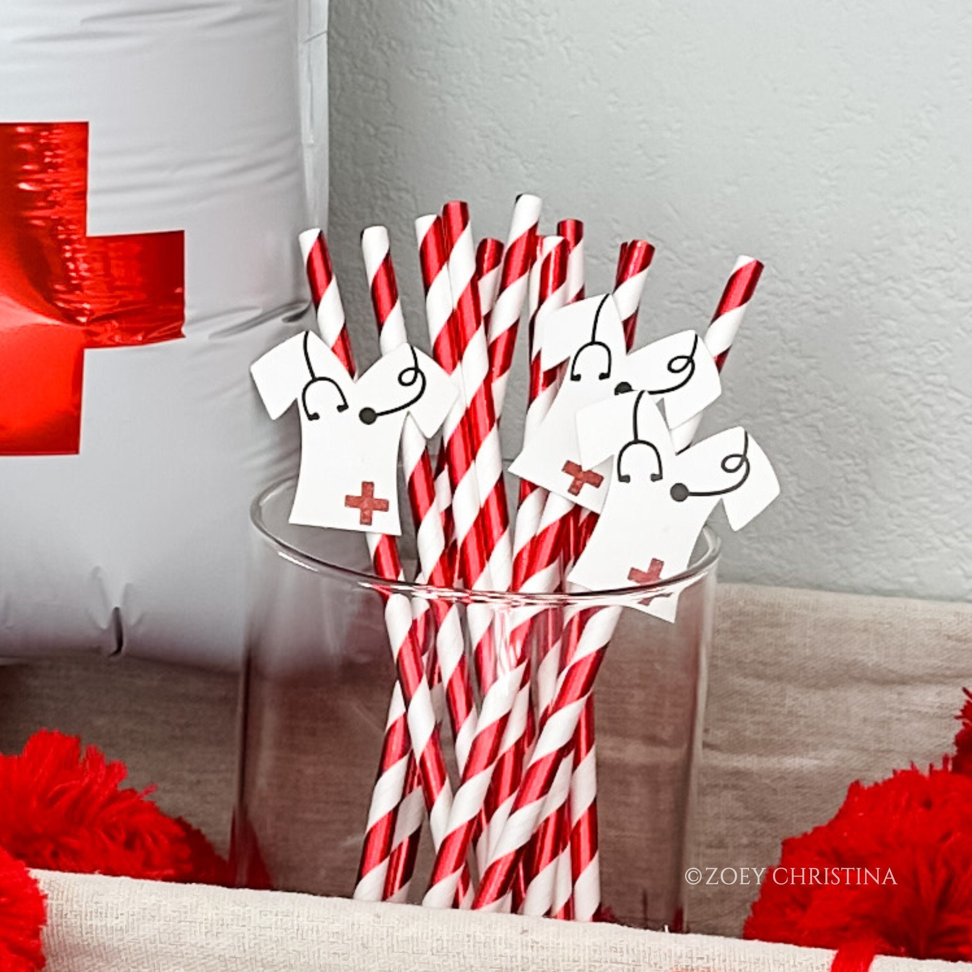 Nurse Graduation Party Straws: Red Striped Paper Straws, 12pcs