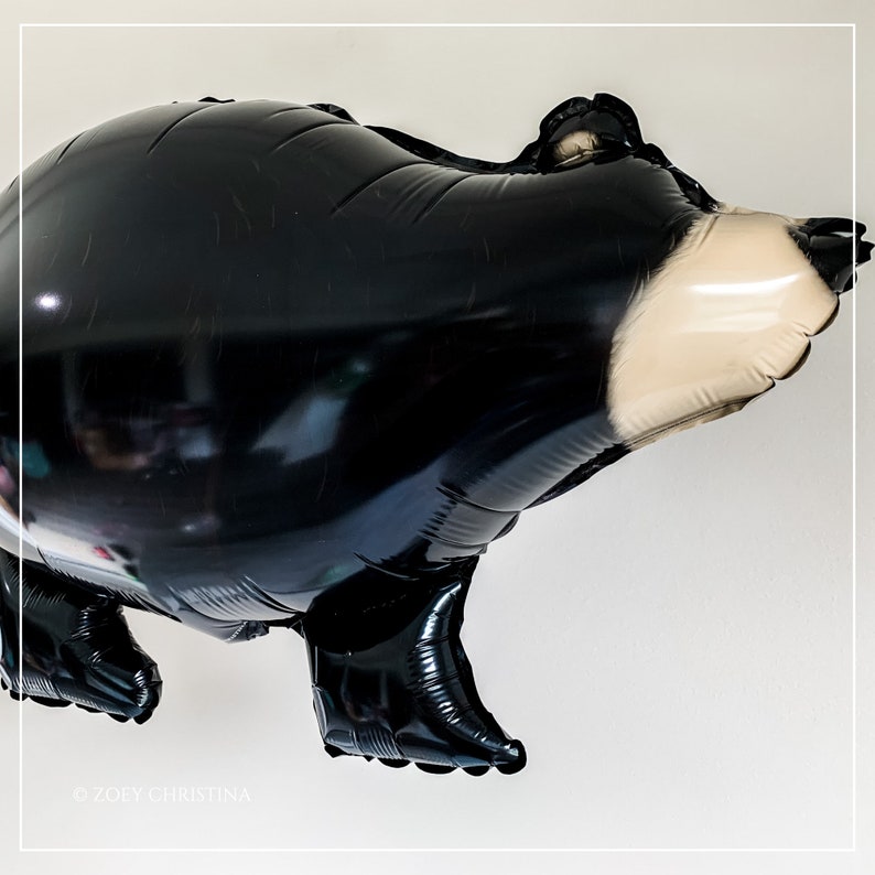 May include: Black and white balloon shaped like a bear. The bear has a white nose and a black body.