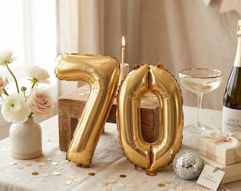70th Birthday Balloons: Gold Party Decor, Photo Prop