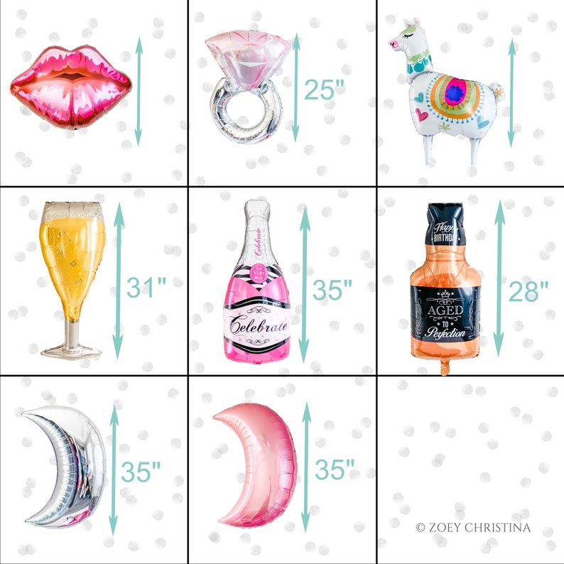 Op de afbeelding: Negen folie ballonnen in verschillende vormen en maten, waaronder een champagnefles, een glas champagne, een ring, een lip, een lama, een fles drank en twee halve manen. De ballonnen zijn zilver, roze, goud en wit. De ballonnen zijn 63,5 cm, 71,1 cm, 78,7 cm en 88,9 cm hoog.