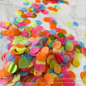 May include: A pile of colorful confetti circles in shades of pink, blue, green, yellow, and orange. The confetti is made of tissue paper and has a slightly iridescent sheen.