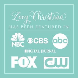 May include: A light blue background with white text that reads "Zoey Christina HAS BEEN FEATURED IN" and features the logos of NBC, CBS, ABC, FOX, and The CW.