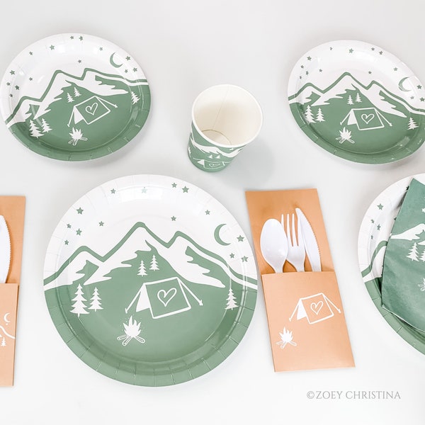 Camp Bachelorette Party decor favors, Napkins table decorations, Cabin Camping theme, Glamping party plates cups Summer Birthday party ideas