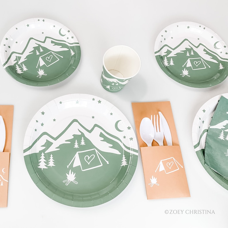 camping plates, backyard camping party