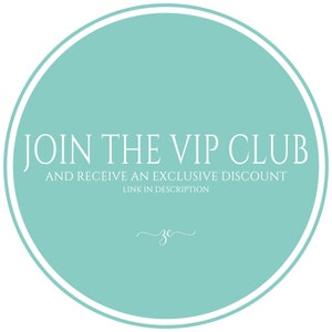 May include: A round teal graphic with a white border. The text "JOIN THE VIP CLUB" is at the top, with "AND RECEIVE AN EXCLUSIVE DISCOUNT" below. The text "LINK IN DESCRIPTION" is at the bottom, with a cursive "zc" signature.