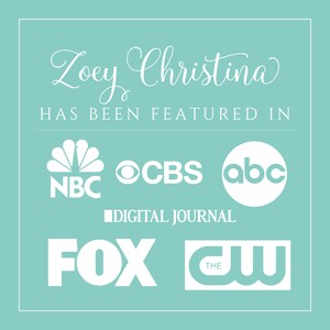 May include: A teal-colored graphic with white text and logos. The text reads "Zoey Christina HAS BEEN FEATURED IN" followed by the logos of NBC, OCBS, abc, Digital Journal, FOX, and The CW.