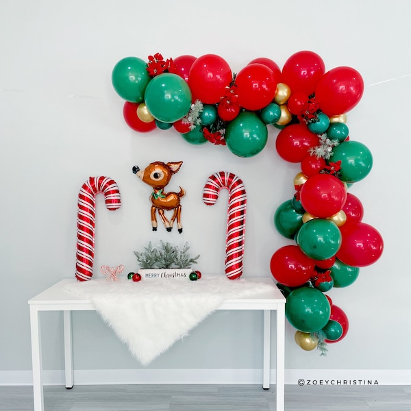 Christmas Party Office decorations, Traditional Red and Green theme Christmas decor, Photo backdrop, Balloon garland arch kit