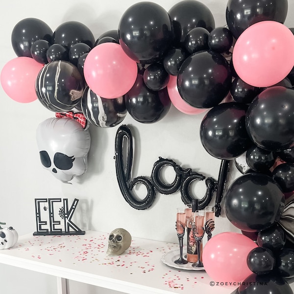 Pink and Black Monster Halloween Party Decor decorations Supplies Accessories Balloon Arch Monochrome, Halloween 2023 Birthday Photo Booth