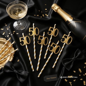 50th Birthday Party Straws: Gold Glitter Decorations, 12 Pack