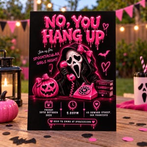 以下が含まれることがあります： NO, YOU HANG UPおよびSPOOKTACULAR GIRLS NIGHTとネオンピンクの文字で書かれた黒いハロウィーンパーティーの招待状。ピンクのリボンをつけた仮面の人物、ピンクのカボチャ、ダイヤル式電話、10月30日のイベント詳細がデザインされています。