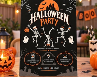 May include: A black Halloween party invitation card featuring three skeletons dancing, a large orange moon with a haunted house silhouette, two ghosts, and text including 'Halloween Party', 'Join us for a spooktacular night', and event details.