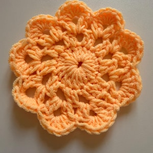 May include: A round, peach-colored crochet coaster featuring a central circular pattern that radiates outward into eight distinct, scalloped petal-like edges. The design is crafted with a consistent yarn texture, creating an openwork, floral-inspired motif.