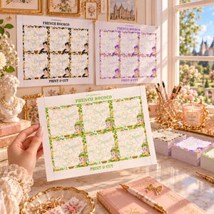 以下が含まれることがあります： フランスのロココ調をテーマにした6枚の同一ステッカーが印刷された長方形の紙。華やかな花柄とウィッグをつけた人物の肖像画が描かれている。「FRENCH ROCOCO」および「PRINT & CUT」という文字が紙に印刷されている。