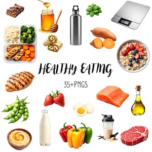 Könnte beinhalten: Eine Sammlung gesunder Lebensmittel, darunter ein Behälter mit Hähnchen, Brokkoli und Reis, ein Glas Honig, eine Metallwasserflasche, Haferflocken mit Beeren, Lachs, Steak, Paprika, Milch, Eier, Hummus und eine digitale Küchenwaage.