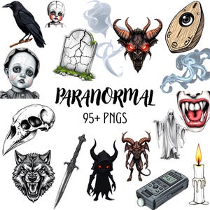 Könnte beinhalten: Eine digitale Sammlung von über 95 paranormalen PNG-Grafiken mit einem schwarzen Raben, rissigen Puppen, einem Grabstein, einem Dämonenkopf, einem hölzernen Planchette mit Auge, einem Vogelschädel, einem knurrenden Wolf und einem Dolch.