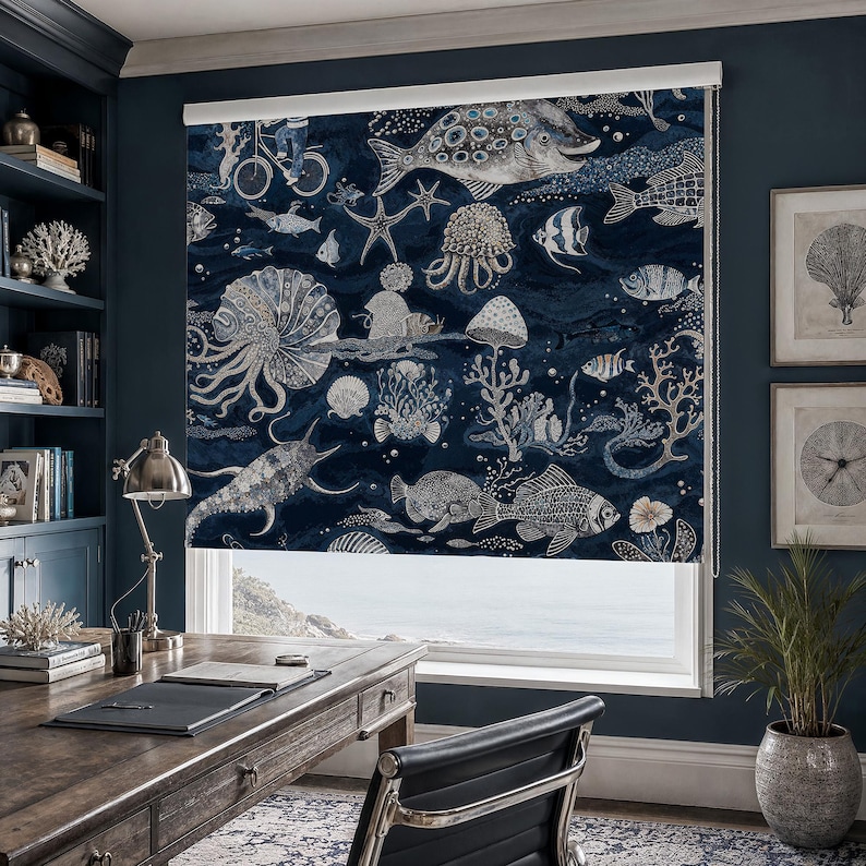 Detailed Shell Template Sea Life Roller Shade, Ocean Fish Blackout and Standard Roller Blind ...