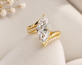 Anillo de compromiso de oro amarillo de 14 quilates con diamante cultivado en laboratorio, talla marquesa de 3 quilates, certificado por IGI, para mujer. Regalo de aniversario y promesa para ella.