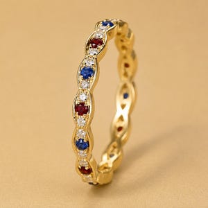 14k guld granat & safir alliansring, elegant stapelring