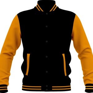 Puede incluir: Una chaqueta tipo varsity con torso negro y mangas doradas. La prenda incluye un cuello alto negro con rayas doradas, cierre frontal de botones, dos bolsillos laterales con ribete dorado y puños y dobladillo acanalados con rayas doradas.