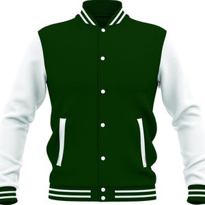 Può includere: Una giacca varsity verde bosco con maniche lunghe bianche a contrasto, colletto alla coreana con strisce bianche e chiusura frontale con bottoni. Il capo presenta due tasche laterali con bordo bianco e polsini a coste con strisce bianche.
