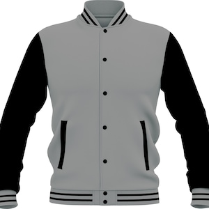 Pode incluir: Um casaco estilo varsity com torso cinza-claro e mangas pretas lisas. A peça inclui gola e punhos canelados com listras pretas, fecho frontal com botões de pressão e dois bolsos verticais com acabamento preto no painel frontal.