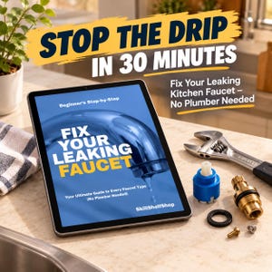 Può includere: Un tablet mostra una guida intitolata FIX YOUR LEAKING FAUCET con sfondo blu e un grafico di un rubinetto. Accanto ci sono una chiave inglese in metallo, una cartuccia per valvola in plastica blu, un vitone in ottone, una guarnizione in gomma nera e due piccole viti.